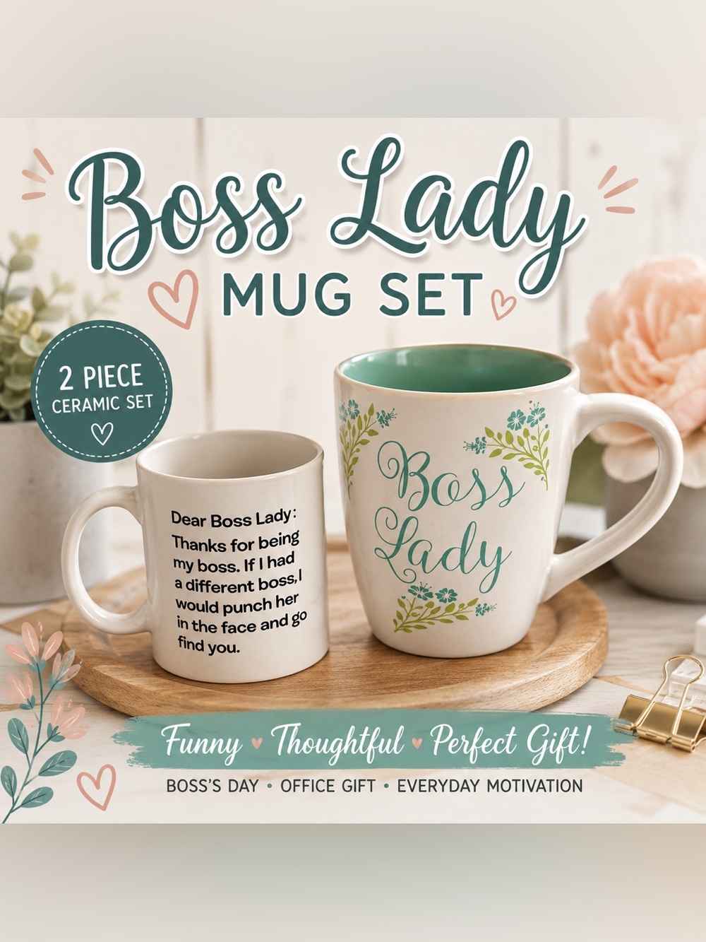 Funny Boss Lady Coffee Mug Set | Novelty Office Gift | 2 Ceramic Mugs